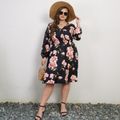 Women Plus Size Vacation Floral Print Surplice Neck Long-sleeve Dress Black