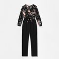 Floral Print Cross Wrap V Neck Long-sleeve Splicing Jumpsuit for Mom and Me Black