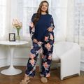 2-piece Women Plus Size Casual Floral Print Long-sleeve Tee and Pants Pajamas Lounge Set Royal Blue