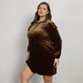 Women Plus Size Casual Stand Collar Zipper Drawstring Velvet Dress Brown