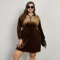 Women Plus Size Casual Stand Collar Zipper Drawstring Velvet Dress Brown