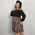 Women Plus Size Elegant Leopard Print Tie Cold Shoulder Long-sleeve Dress Black