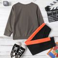 2-piece Kid Boy Number Letter Print Striped Long-sleeve Tee and Colorblock Pants Set Dark Grey