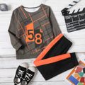 2-piece Kid Boy Number Letter Print Striped Long-sleeve Tee and Colorblock Pants Set Dark Grey