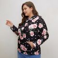 Women Plus Size Vacation Floral Print Drawstring Hoodie Sweatshirt Black