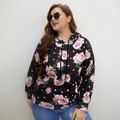 Women Plus Size Vacation Floral Print Drawstring Hoodie Sweatshirt Black