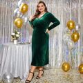 Women Plus Size Elegant Surplice Neck Long-sleeve Dark Green Velvet Dress Darkjade