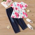 2-piece Kid Girl Floral Print Short-sleeve Tee and Ripped Denim Jeans Set Pink