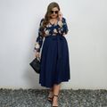 Women Plus Size Vacation Floral Print V Neck Belted Long-sleeve Dress Royal Blue