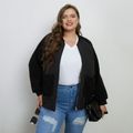 Women Plus Size Casual Textured Fuzzy Splice Zipper Bomber Jacket Black