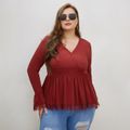Women Plus Size Elegant V Neck Long Bell sleeves Lace Design Blouse Brick red