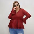 Women Plus Size Elegant V Neck Long Bell sleeves Lace Design Blouse Brick red