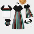 Family Matching Solid Short-sleeve Splicing Multi-color Striped Dresses and Cotton T-shirts Sets COLOREDSTRIPES