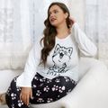 2-piece Women Plus Size Casual Letter Animal Print Long-sleeve Top and Allover Print Pants Pajamas Lounge Set White