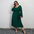 Women Plus Size Elegant Sweetheart Collar Long-sleeve Dark Green Dress blackishgreen