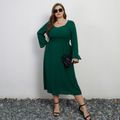 Women Plus Size Elegant Sweetheart Collar Long-sleeve Dark Green Dress blackishgreen