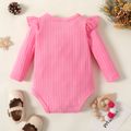 Baby Girl Letter Print Solid Ribbed Ruffle Long-sleeve Romper Pink image 2