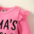 Baby Girl Letter Print Solid Ribbed Ruffle Long-sleeve Romper Pink image 5