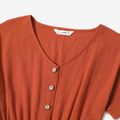 100% Cotton Solid V Neck Button Down Belted Short-sleeve Jumpsuit for Mom and Me orangered