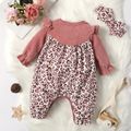 Baby Girl Faux-two Leopard Print Long-sleeve Corduroy Jumpsuit Pink