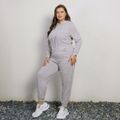 2-piece Women Plus Size Casual Drawstring Hoodie Sweatshirt and Pants Set Light Grey