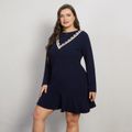 Women Plus Size Casual Striped V Neck Long-sleeve Dress Royal Blue