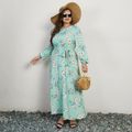 Women Plus Size Vacation Floral Print Round-collar Belted Long-sleeve Dress AquaGreen