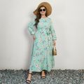 Women Plus Size Vacation Floral Print Round-collar Belted Long-sleeve Dress AquaGreen