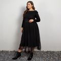 2-piece Women Plus Size Elegant Off Shoulder Long-sleeve Black Top and Mesh Skirt Set Black