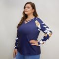Women Plus Size Casual Geo Pattern Crisscross V Neck Long-sleeve Tee Royal Blue