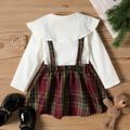 2-piece Toddler Statement Collar Button Design Long-sleeve White Top and Plaid Suspender Skirt Set Burgundy