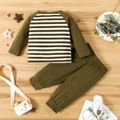 2pcs Baby Boy Army Green Striped Long-sleeve Tee and Trousers Set Army green