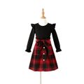 Christmas Red Plaid Family Matching Splicing 3/4 Sleeve Cotton Dresses and Long-sleeve Lapel Shirts Sets redblack