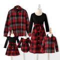 Christmas Red Plaid Family Matching Splicing 3/4 Sleeve Cotton Dresses and Long-sleeve Lapel Shirts Sets redblack