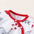 Baby Girl All Over Red Love Heart and Cartoon Elephant Print Long-sleeve Jumpsuit Color block