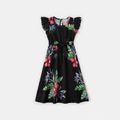 Family Matching All Over Floral Print Black Ruffle Flutter-sleeve Dresses and Short Raglan Sleeve T-shirts Sets Colorful