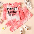 2-piece Toddler Girl Letter Print Tie Dyed Ruffled Long-sleeve Top and Elasticized Pants Set Pink