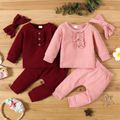 3pcs Baby Girl Solid Waffle Long-sleeve Top and Trousers Set Pink