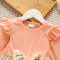 Toddler Ruffled Ribbed Floral Print Splice Mesh Design Long-sleeve Dress Multi-color