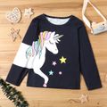 Kid Girl Unicorn Stars Print Long-sleeve Tee Dark Blue