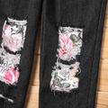 Kid Girl Floral/Leopard Print Patchwork Ripped Denim Jeans Black