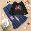 2-piece Kid Girl Letter Floral Print Ruffled Sleeve Black Top and Sequin Patchwork Flared Denim Jeans Set Black