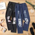 Kid Girl Floral/Leopard Print Patchwork Ripped Denim Jeans Black