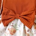 Baby Girl Brown Ribbed Bowknot Long-sleeve Splicing Floral Print Dress Color block