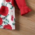 Baby Girl Red Ribbed Ruffle Long-sleeve Splicing Rose Floral Print Dress Red