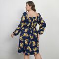 Women Plus Size Vacation Square Neck Floral Print Long-sleeve Dress Royal Blue