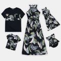 Family Matching Allover Plant Print Black Halter Neck Sleeveless Midi Dresses and Short-sleeve T-shirts Sets royalblue