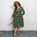 Women Plus Size Vacation V Neck Floral Print Button Design Long-sleeve Dress Dark Green