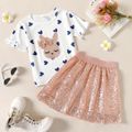 2-piece Kid Girl Unicorn Letter Print/Sequin Rabbit Pattern Heart Print Short-sleeve Tee and Sequined Skirt Set White image 1