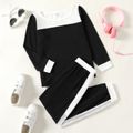 2-piece Kid Girl Colorblock Mesh Hollow out Long-sleeve Top and Elasticized Pants Casual Set Black/White